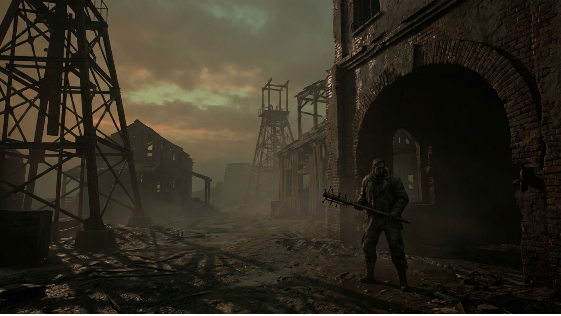 Dark atmospheric scene of a decaying coastal mining town at dusk with a lone figure holding an improvised weapon, representing the survival horror game Total Chaos