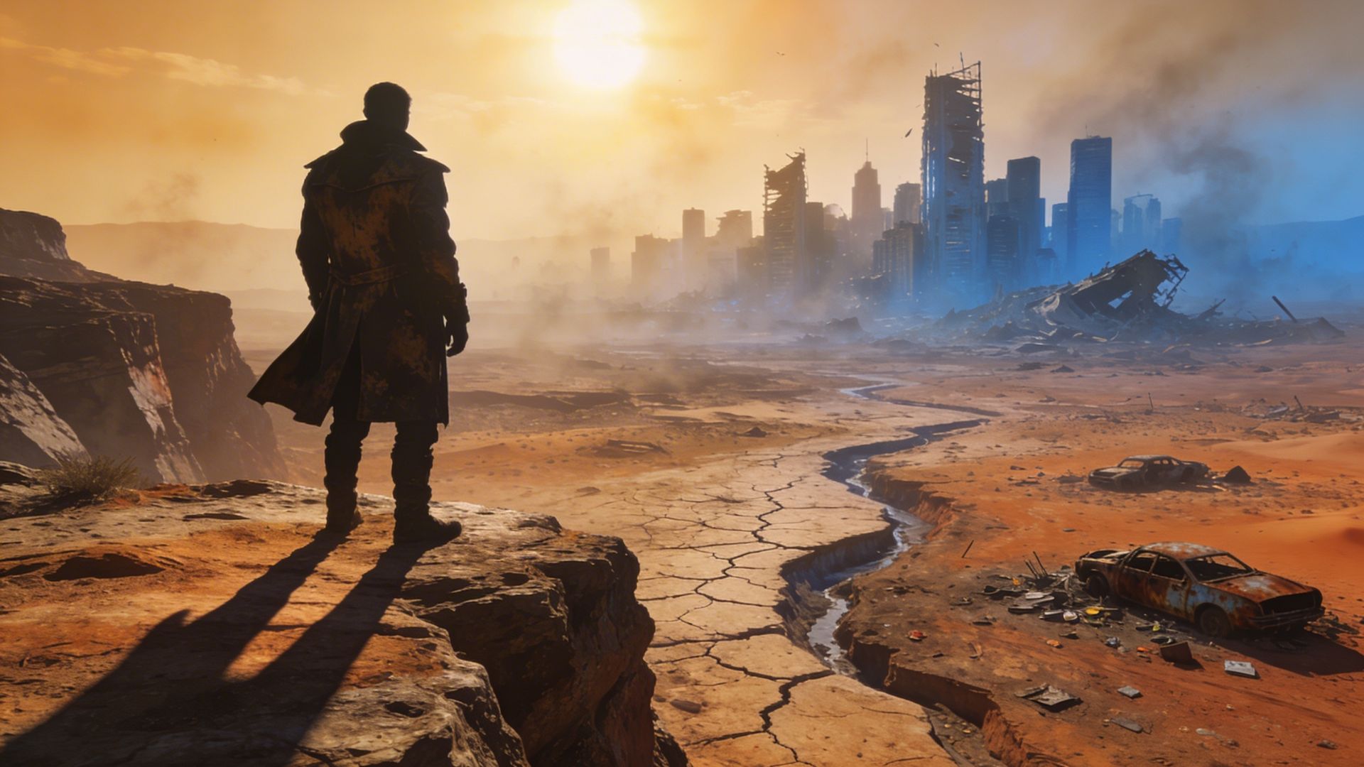 A lone figure overlooking a vast post-apocalyptic desert landscape at golden hour with a ruined city in the distance
