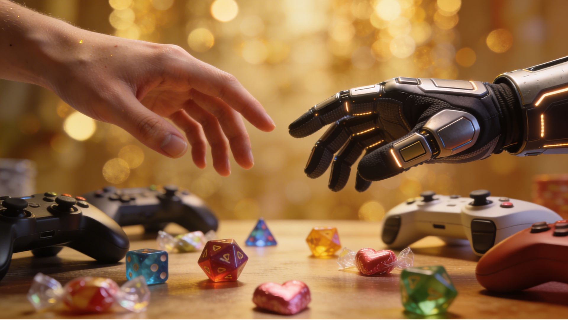 Two hands reaching across a table with game controllers and heart-shaped candy in warm ambient lighting
