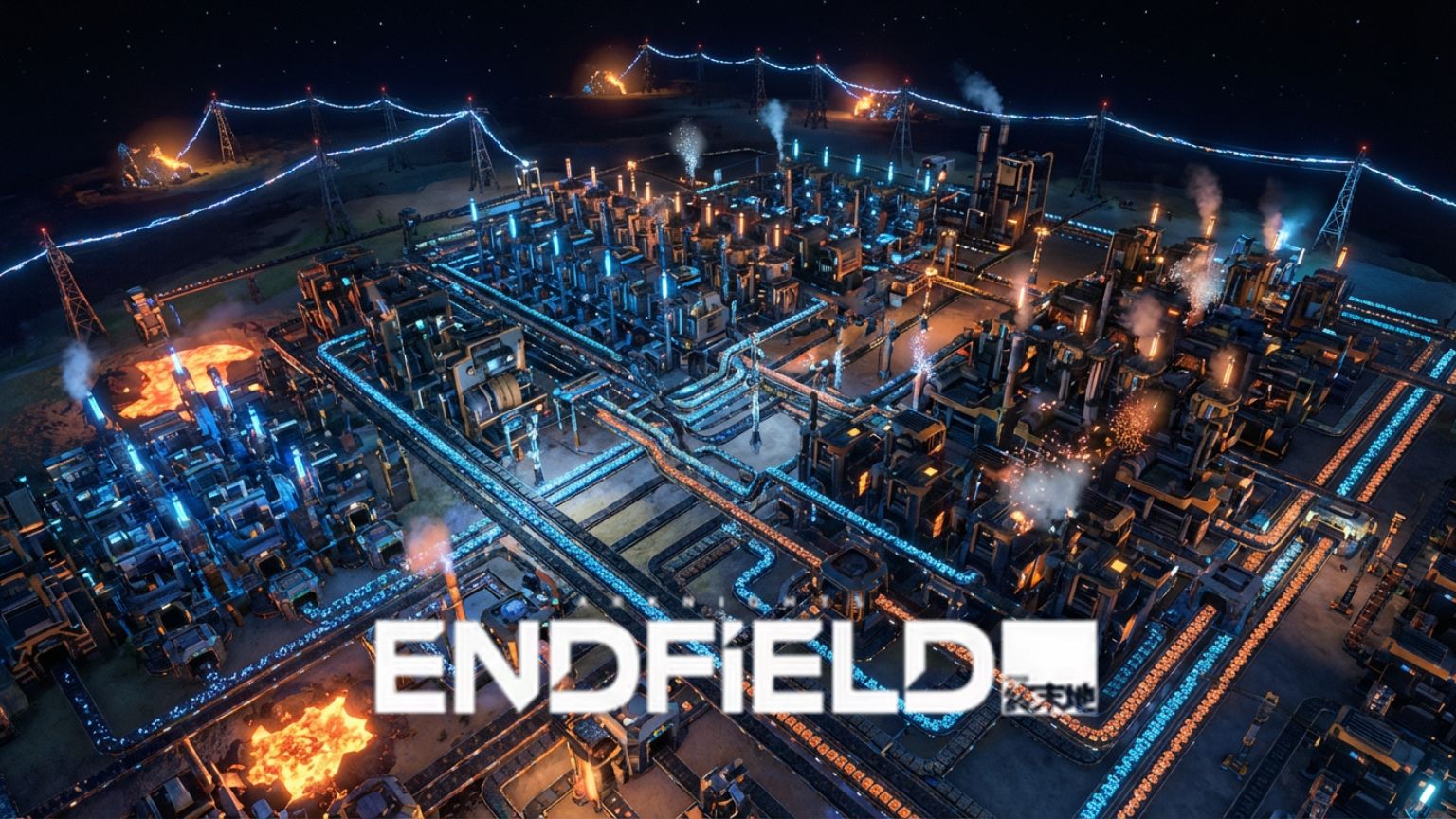 Aerial night view of an automated industrial factory complex with glowing conveyor belts and power lines connecting processing machines