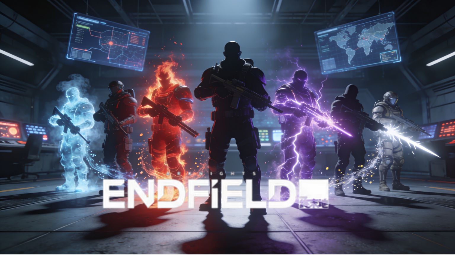Lineup of Arknights Endfield operators displaying elemental powers in ice, fire, electro, and physical damage types in a futuristic command center