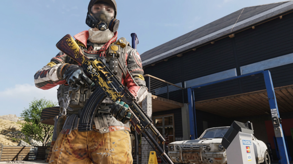 an armed video game character standing outdoors in front of a modern building and parked car
