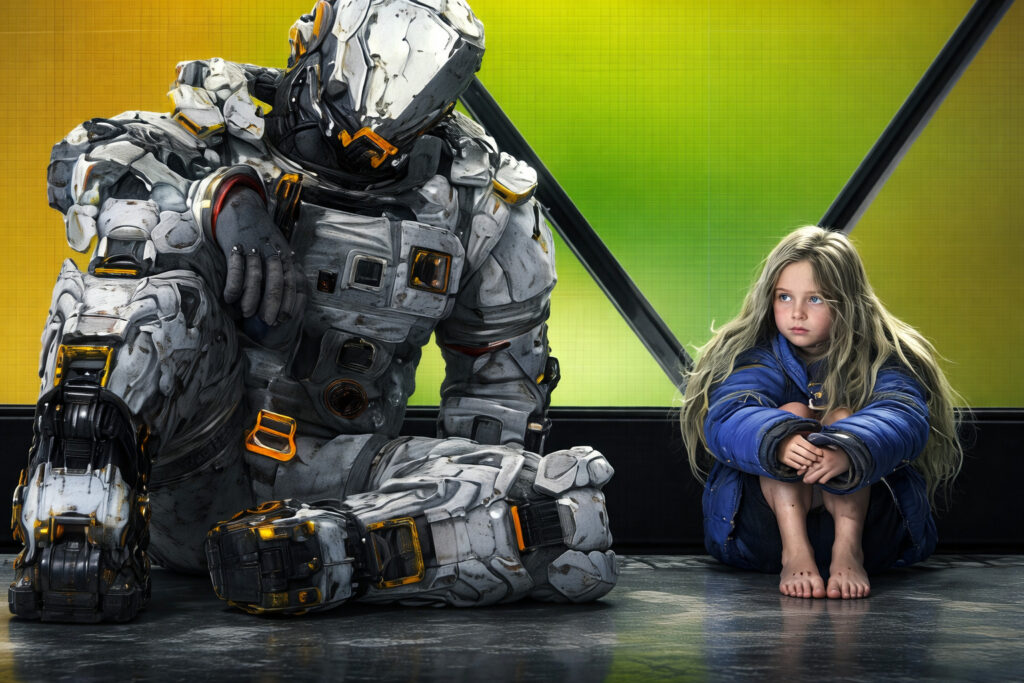 Concept art–style scene from the game Pragmata showing a heavily armored futuristic astronaut sitting beside a young girl with long hair and a blurred face, both resting against a glowing geometric background in a sci‑fi environment