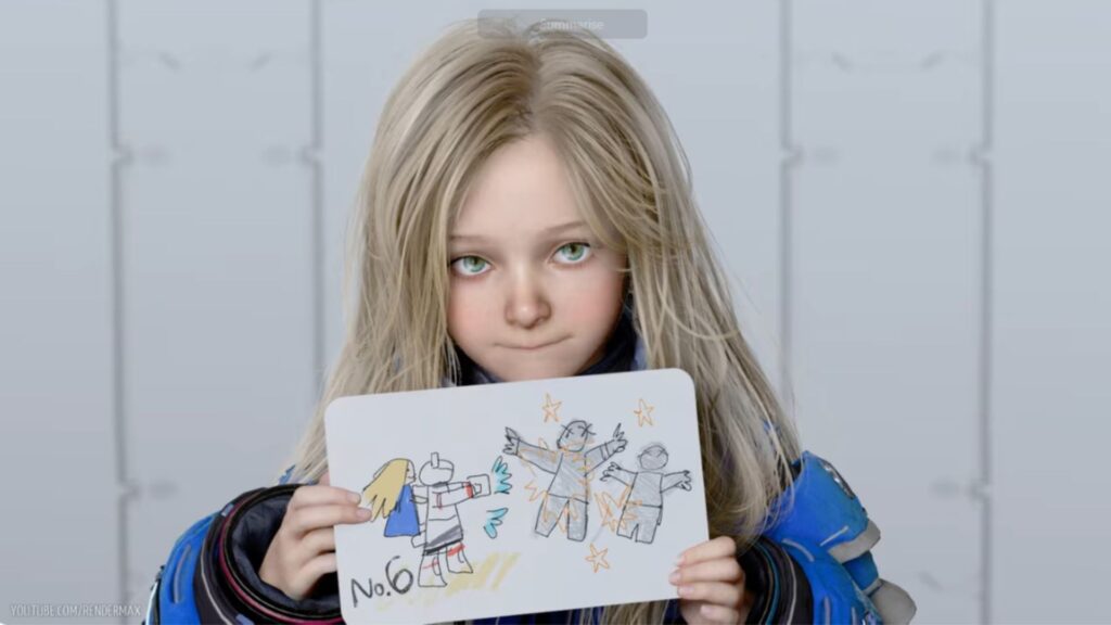 A young blonde girl with striking green eyes, wearing a futuristic blue outfit, holds up a hand-drawn picture showing a character interacting with robotic figures, set against a clean sci-fi background.