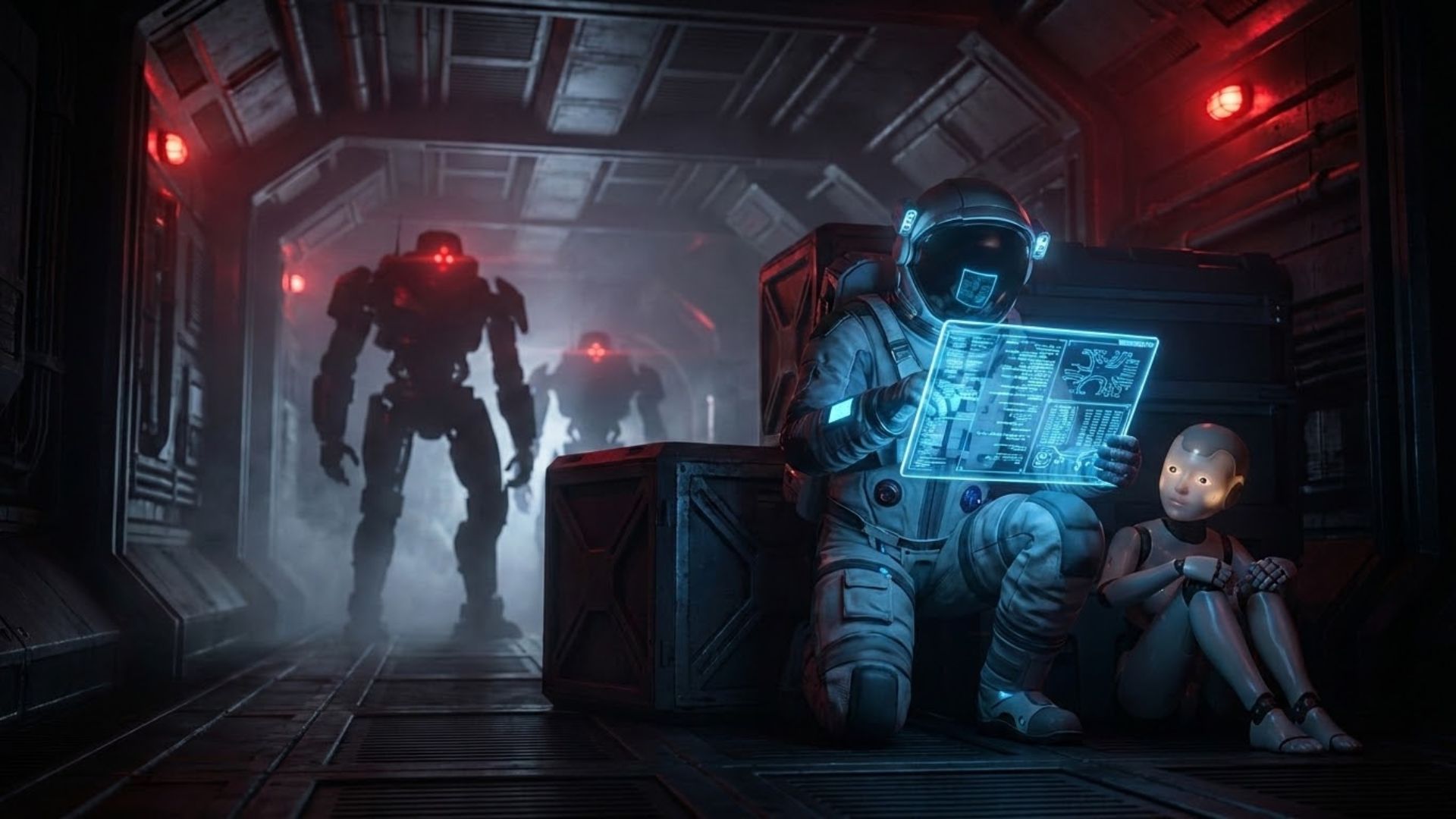 Astronaut Hugh and android Diana in Pragmata's lunar research station, using a glowing hacking interface during combat against AI-controlled robots