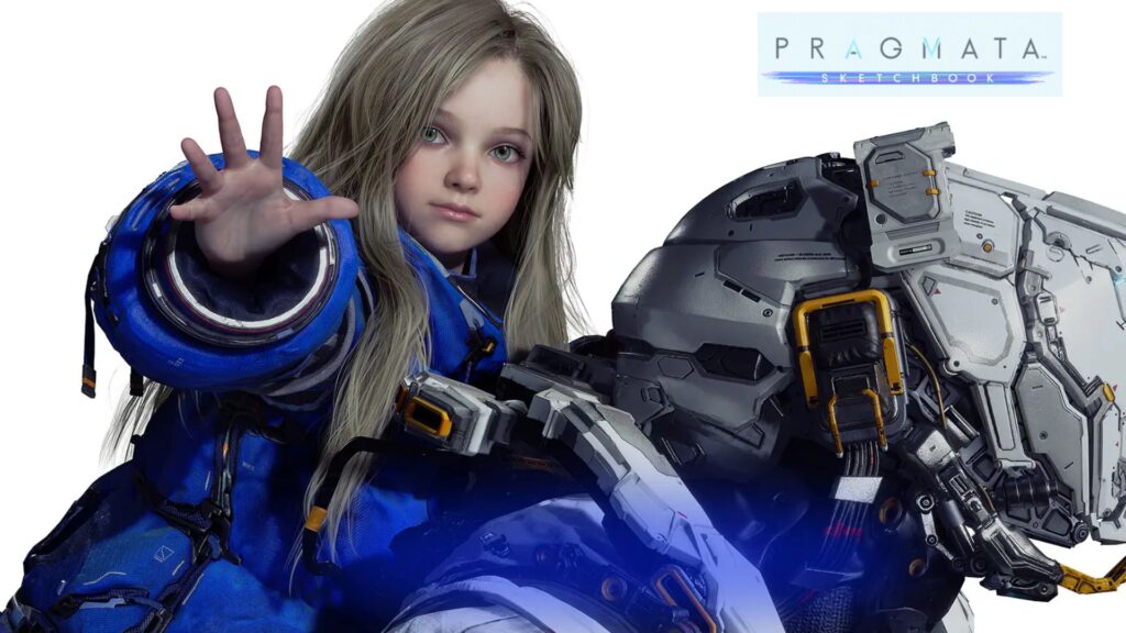 A promotional Pragmata Sketchbook image featuring a young girl with long blonde hair and blue eyes wearing a bulky blue futuristic jacket, reaching her hand toward the viewer. Beside her is a detailed close-up of a high-tech astronaut helmet and suit with mechanical components and orange accents. The background is clean white, emphasizing the characters and design details.
