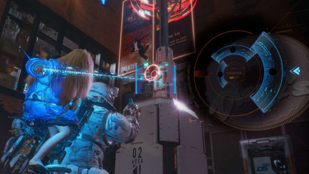 A cinematic scene from Pragmata showing an astronaut in a bulky spacesuit and a young girl with long blonde hair in a glowing blue suit. The girl extends her arm, projecting a bright holographic beam into a futuristic terminal while a circular digital interface appears on the right side of the screen. Neon signs and high-tech structures fill the dark, cyberpunk-style city environment, suggesting a tense hacking or system override moment.