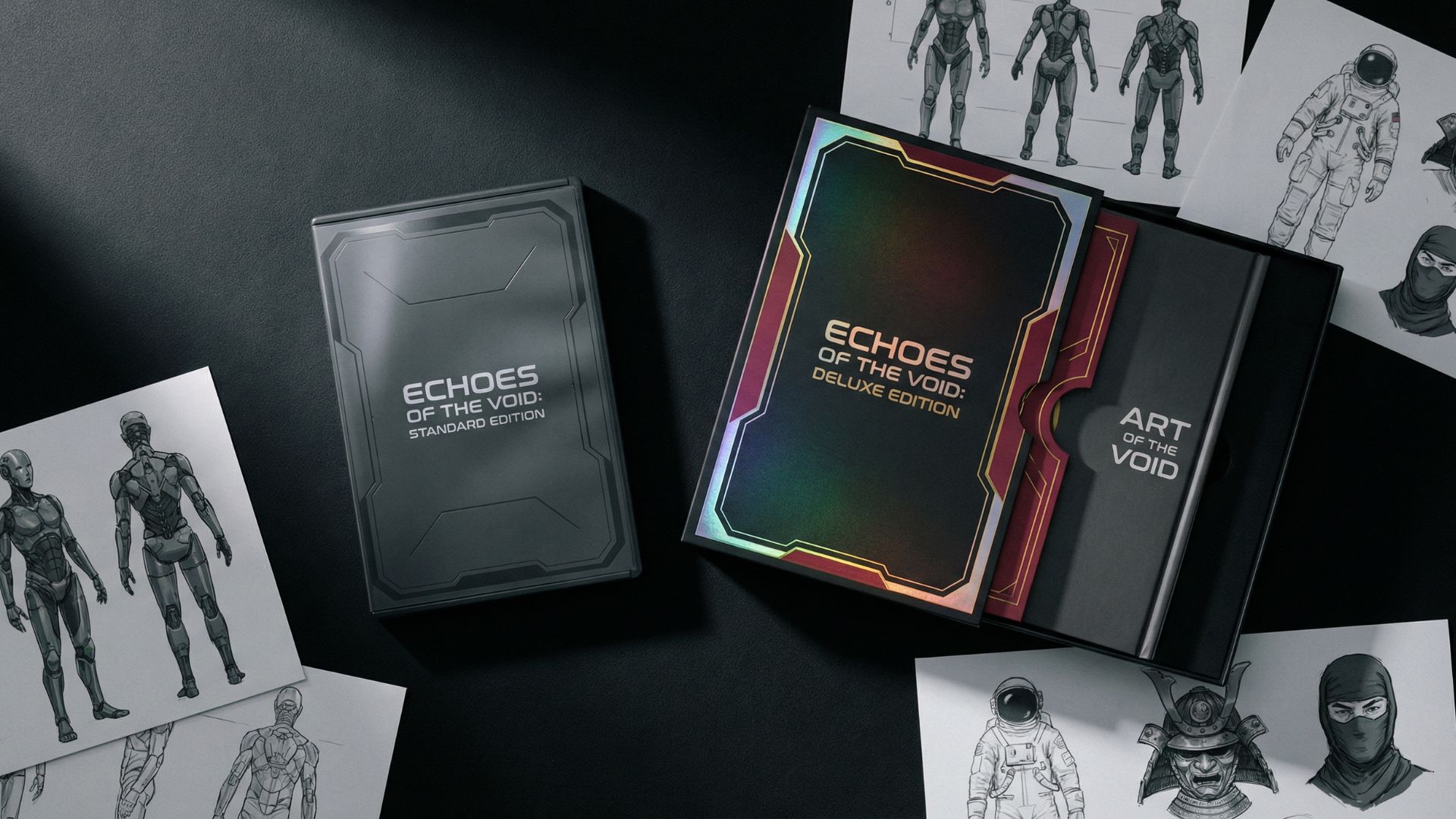 Top-down comparison of Pragmata Standard and Deluxe game editions with concept art pages and cosmetic bonus previews on a dark surface