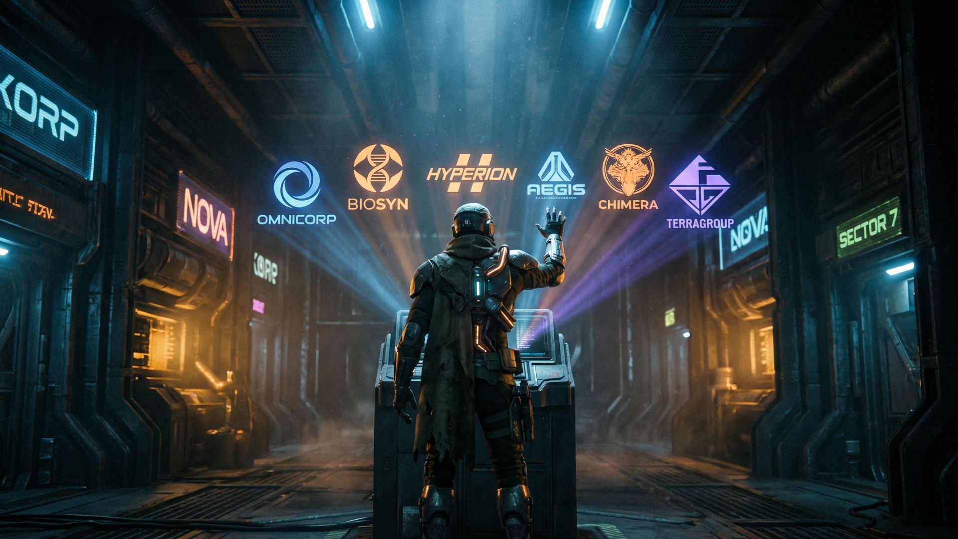 Cybernetic Runner standing at a faction selection terminal with six glowing corporate hologram logos in a dark industrial sci-fi hub