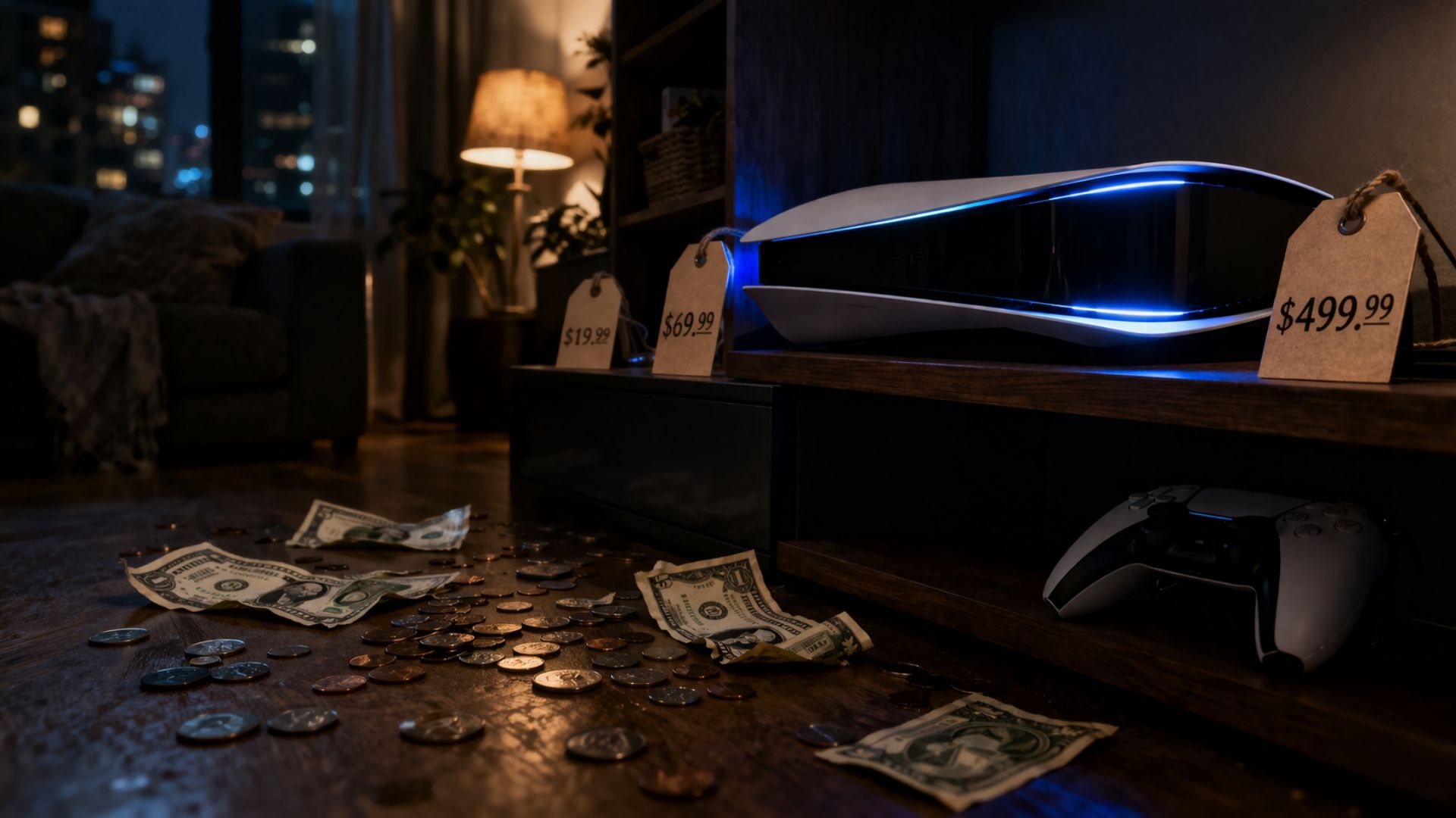 A gaming console displayed on a shelf in a dark room surrounded by price tags and scattered money, representing the rising cost of video game hardware in 2026