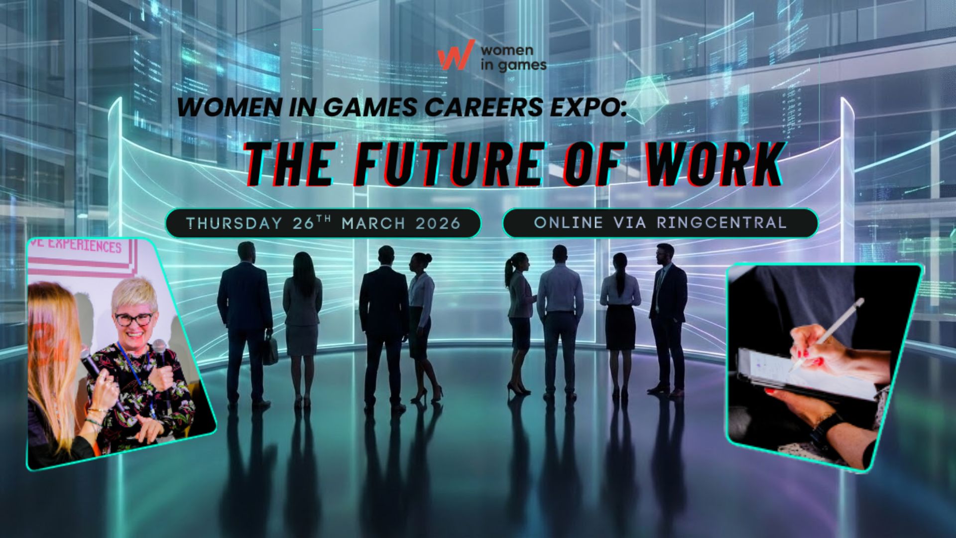 Virtual career fair environment with glowing booth displays and professional silhouettes in a modern digital space with purple and teal accent lighting