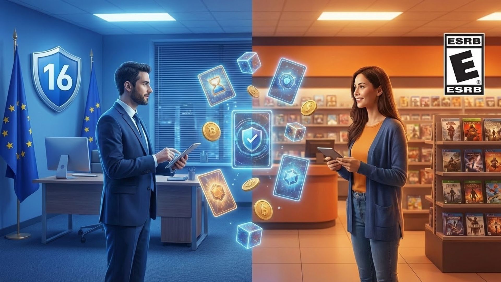 A split editorial illustration contrasting the European PEGI 16 age rating system and the US ESRB rating system, with loot box and in-game purchase symbols floating between them, representing the regulatory divide on video game monetization.
