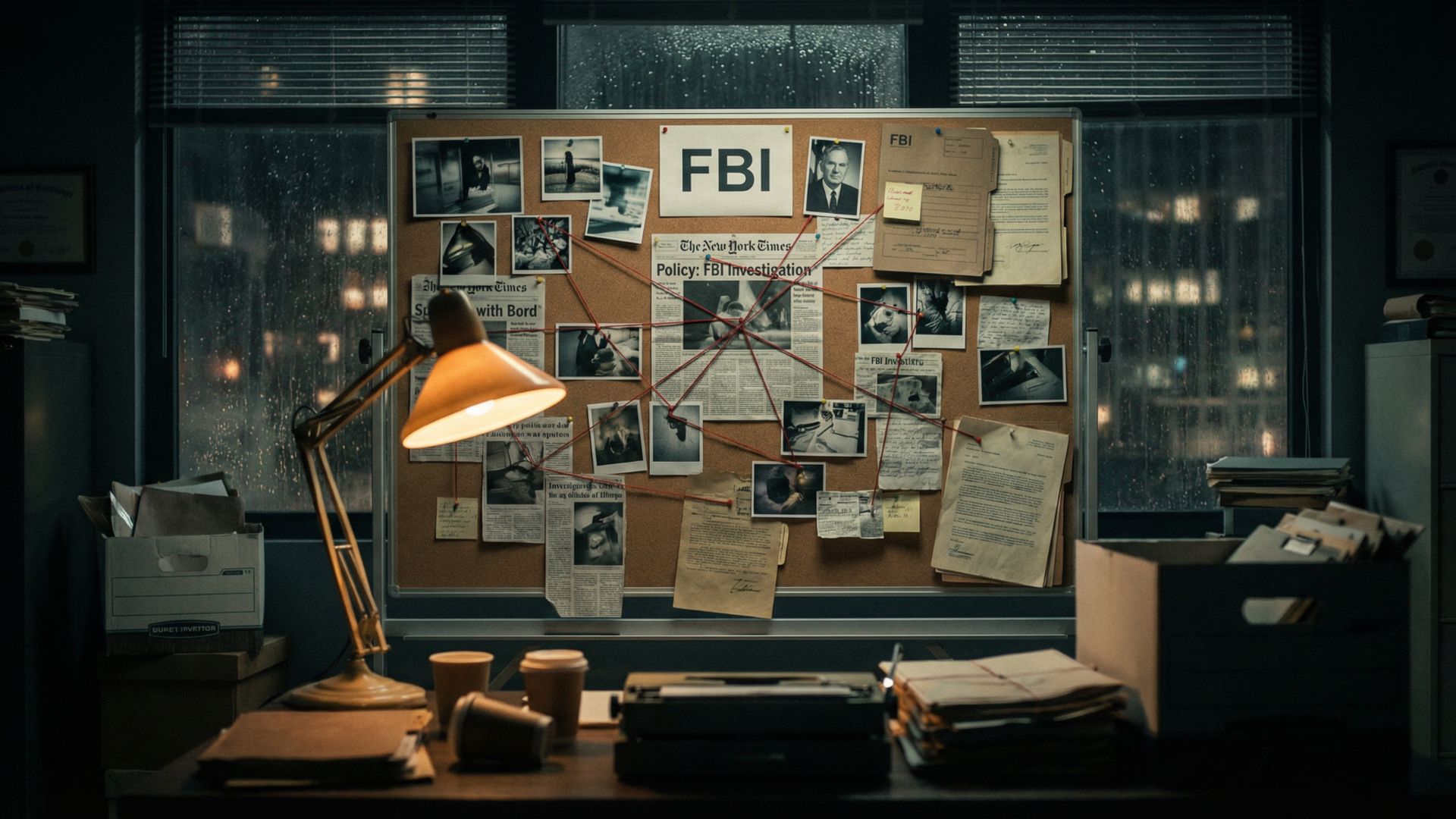 Dark FBI investigation board with pinned photos and case files under a single desk lamp in a noir-style office with a rain-streaked window