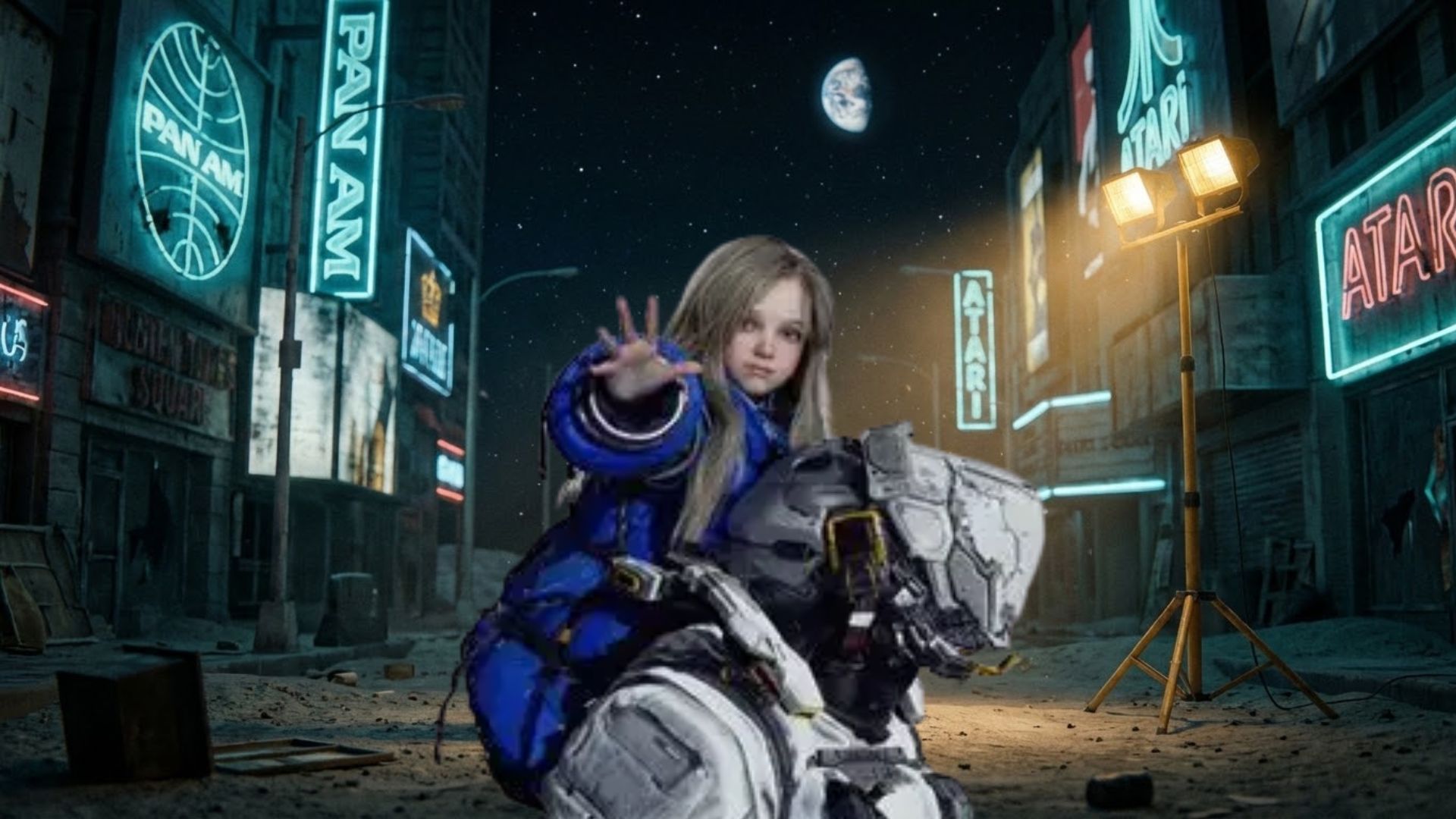Android girl Diana standing alone in a deserted artificial recreation of Times Square inside a lunar research station with Earth visible in the dark sky above