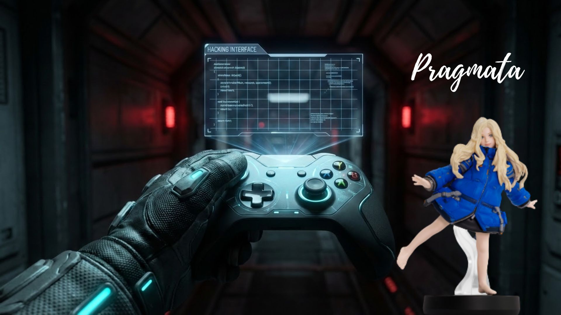 Gloved hand holding a futuristic controller with a holographic hacking grid projected above it in a dark lunar station corridor