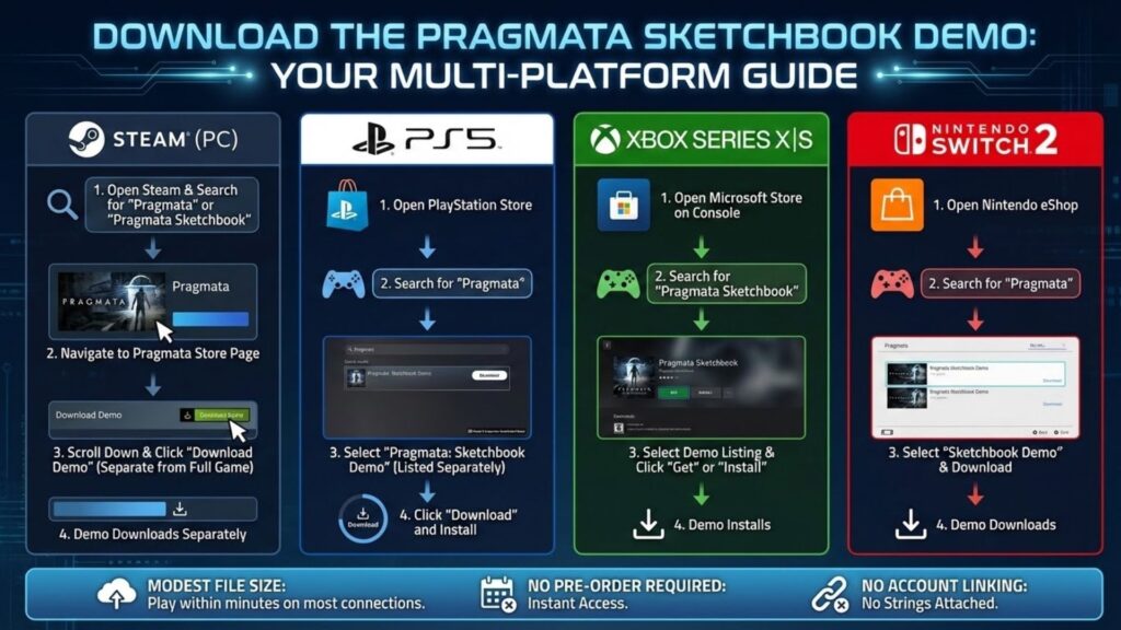 Multi-platform download guide for free PRAGMATA Sketchbook demo on Steam PC, PS5, Xbox Series X|S and Nintendo Switch 2