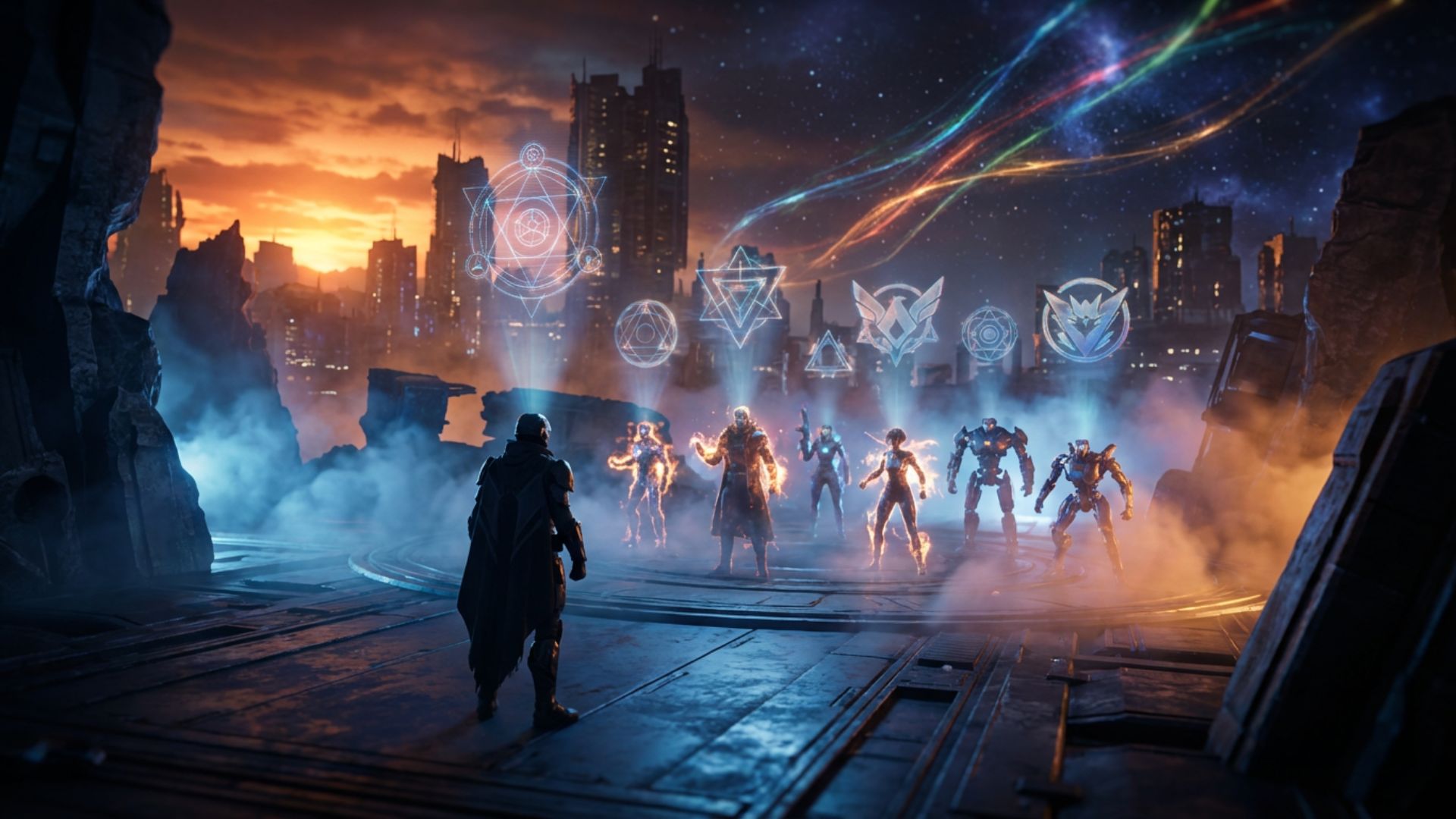 Cinematic battlefield scene with a lone armored figure facing glowing hero silhouettes beneath holographic Avengers symbols in a futuristic war-torn cityscape at dusk