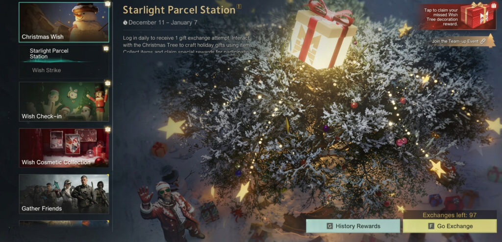 Festive game event screen showing a glowing snow‑covered Christmas tree decorated with lights and gifts, with holiday menu options listed on the left side of the interface.