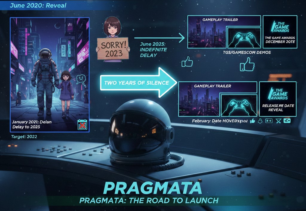 Timeline-style infographic showing Pragmata’s reveal in June 2020, a January 2021 delay to 2023, a June 2023 indefinite delay, two years of silence, and later gameplay trailer and The Game Awards updates leading toward release.