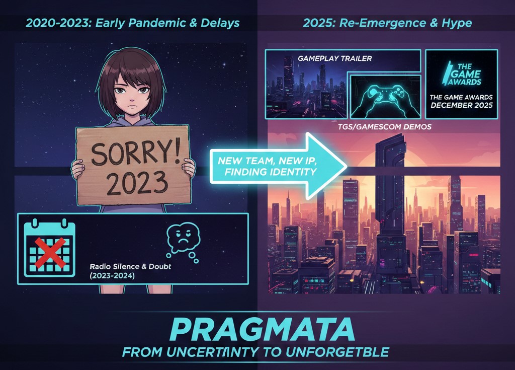 Alt text: Infographic showing Pragmata’s development from 2020–2023 delays and uncertainty to a 2025 re-emergence with new team identity, gameplay trailer, demos, and The Game Awards 2025 visibility.