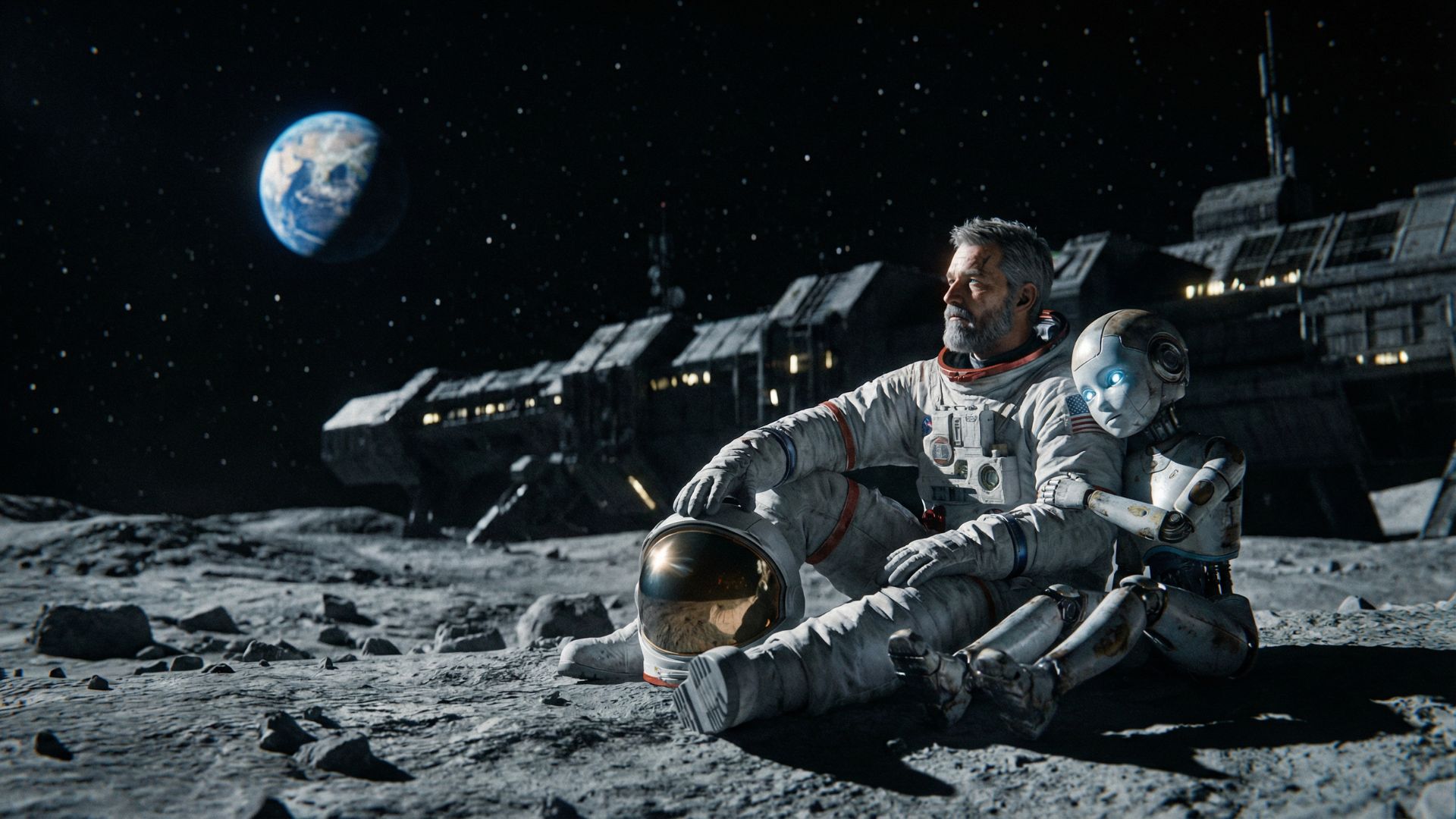 Astronaut Hugh and android girl Diana sitting together on the lunar surface looking toward Earth with an abandoned research station on the horizon behind them