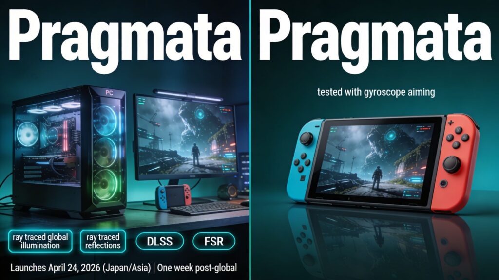 Alt text: Split-screen 16:9 gaming illustration comparing Pragmata on high-end PC with path tracing, DLSS and FSR against Nintendo Switch 2 handheld gameplay, emphasizing advanced lighting on PC and portable performance on Switch 2.