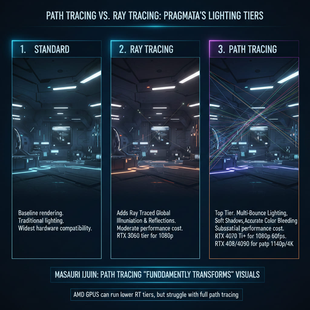 Infographic comparing standard lighting, ray tracing, and path tracing tiers in Pragmata, highlighting performance costs on RTX 3060/4070 Ti and noting Masauri Jijun's transformative visuals with AMD GPU limitations.