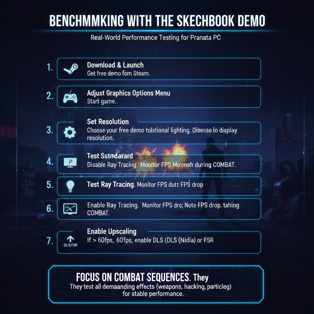 Step-by-step guide to benchmarking Pragmata PC performance using the free Steam Sketchbook demo, testing standard, ray tracing, upscaling like DLSS/FSR during combat sequences for FPS monitoring.