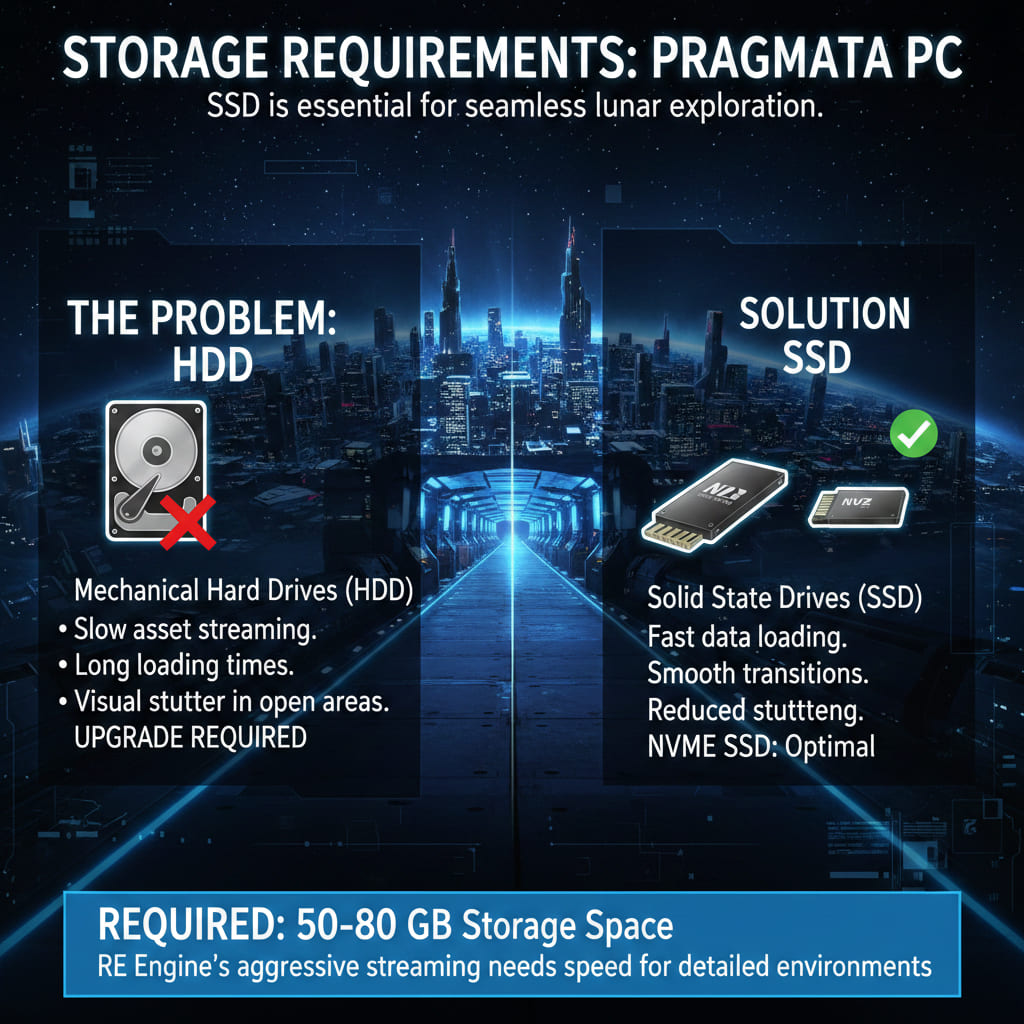 Infographic explaining Pragmata PC storage requirements, emphasizing SSD necessity over HDD for seamless lunar exploration, fast loading, reduced stuttering, and 50-80 GB space due to RE Engine streaming.