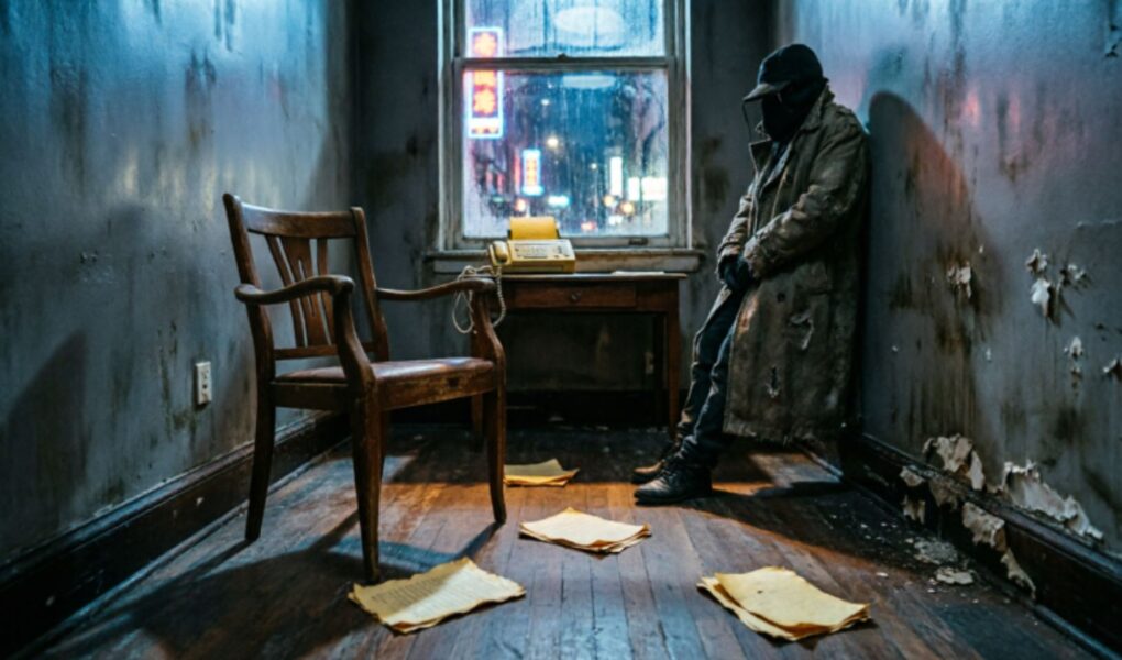 A lone spy figure slumped on the floor of a dimly lit apartment at night with a rain-soaked neon city visible through a grimy window, evoking the atmosphere of Zero Build for Dead Spies