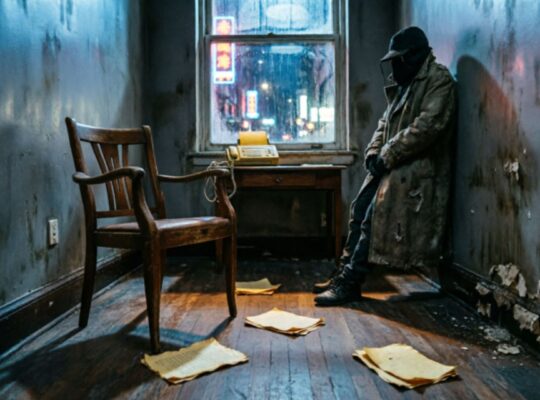 A lone spy figure slumped on the floor of a dimly lit apartment at night with a rain-soaked neon city visible through a grimy window, evoking the atmosphere of Zero Build for Dead Spies