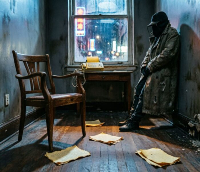 A lone spy figure slumped on the floor of a dimly lit apartment at night with a rain-soaked neon city visible through a grimy window, evoking the atmosphere of Zero Build for Dead Spies