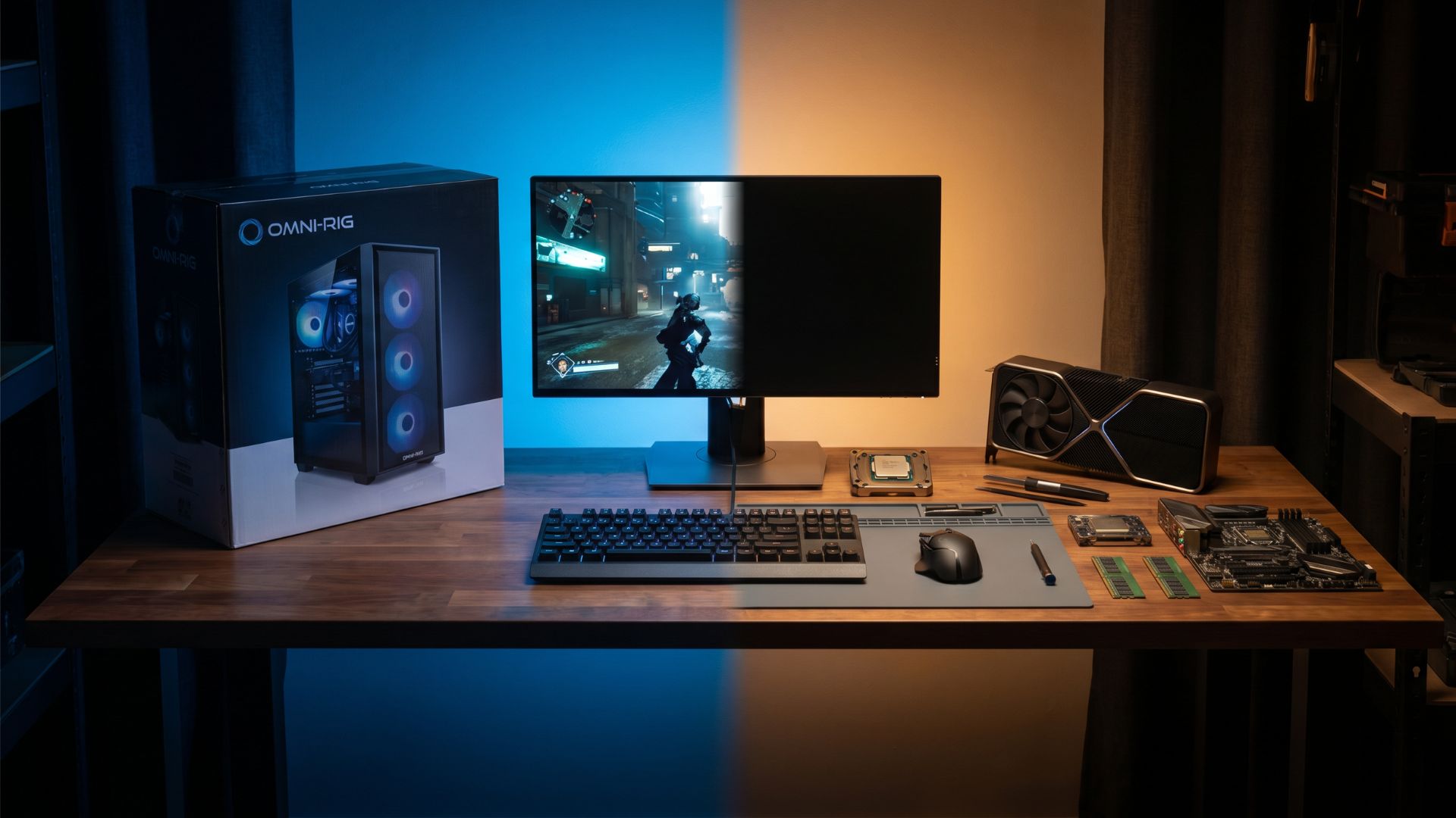 Side-by-side editorial composition showing a prebuilt gaming PC tower on the left and individual custom PC components including GPU, CPU, and motherboard on the right, lit with contrasting blue and amber tones on a wide desk.
