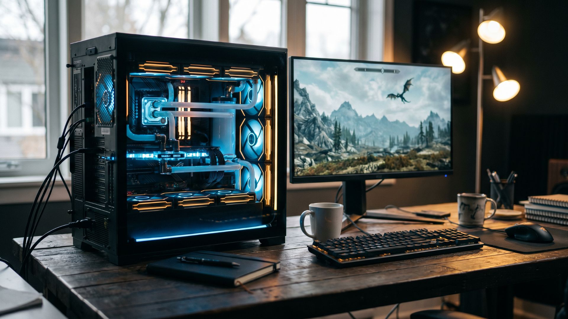A custom gaming PC build with tempered glass side panel, glowing RGB components, a gaming monitor, mechanical keyboard, and mouse on a dark wooden desk, lit with cinematic blue and amber tones.