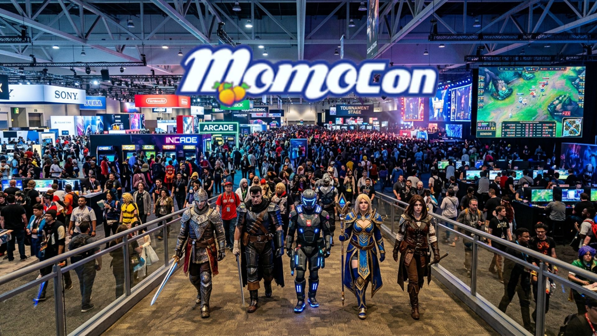 A massive convention hall packed with cosplayers in elaborate anime and gaming costumes, glowing gaming monitors, exhibitor booths, and esports tournament screens visible in the background, conveying the scale and energy of MomoCon 2026 in Atlanta.