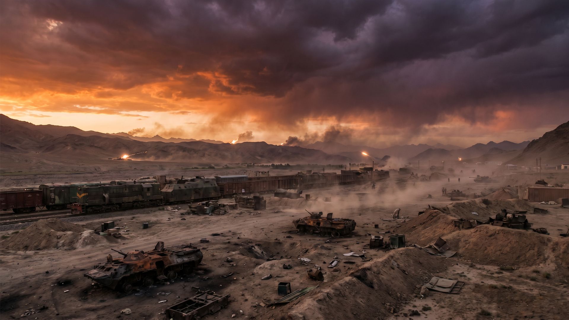 A cinematic wide-angle military battlefield scene at dusk featuring a large railway yard and mountainous Central Asian landscape, with vehicle wreckage and distant artillery flashes under a dramatic orange and purple storm sky, evoking the large-scale warfare of Battlefield 6 Season 3.