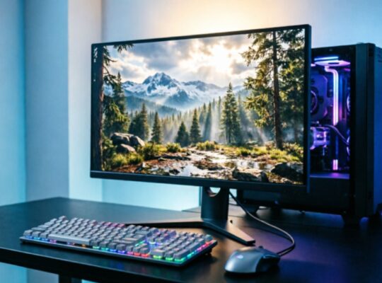 A 27-inch gaming monitor displaying a vivid high-resolution open-world game environment on a clean gaming desk, with a mechanical keyboard, mouse, and RGB gaming PC tower visible in soft background lighting.