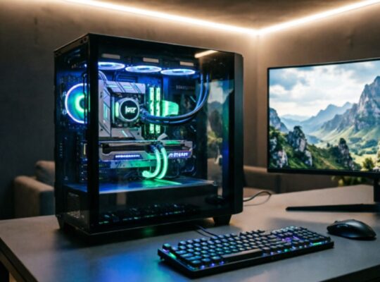 A fully built custom gaming PC with tempered glass side panel and RGB-lit internal components on a dark gaming desk, alongside a 27-inch monitor displaying a vivid game environment, a mechanical keyboard, and a gaming mouse, photographed in cinematic blue and green ambient lighting.