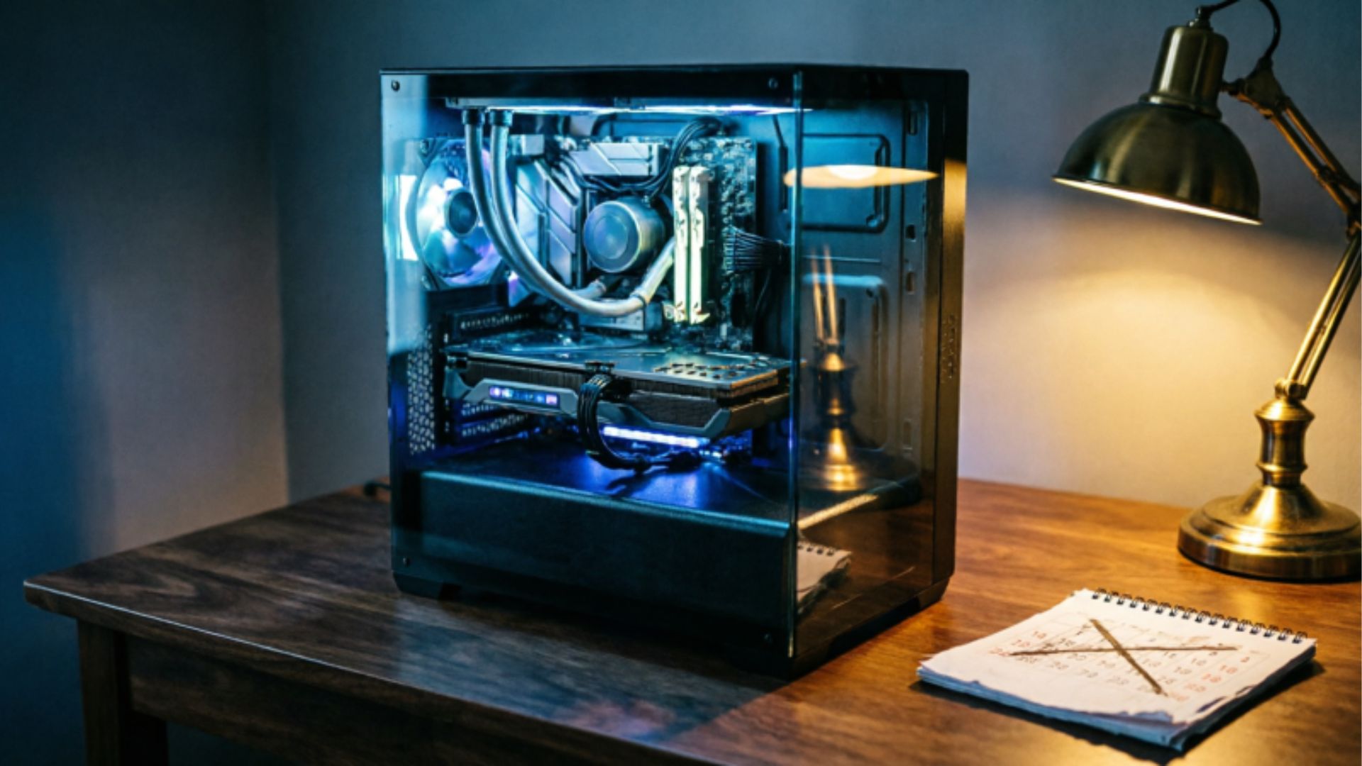 A gaming PC with tempered glass panel revealing internal RGB-lit components, placed next to a calendar with years crossed out on a desk, lit with dramatic blue and amber tones suggesting hardware longevity and the passage of time.