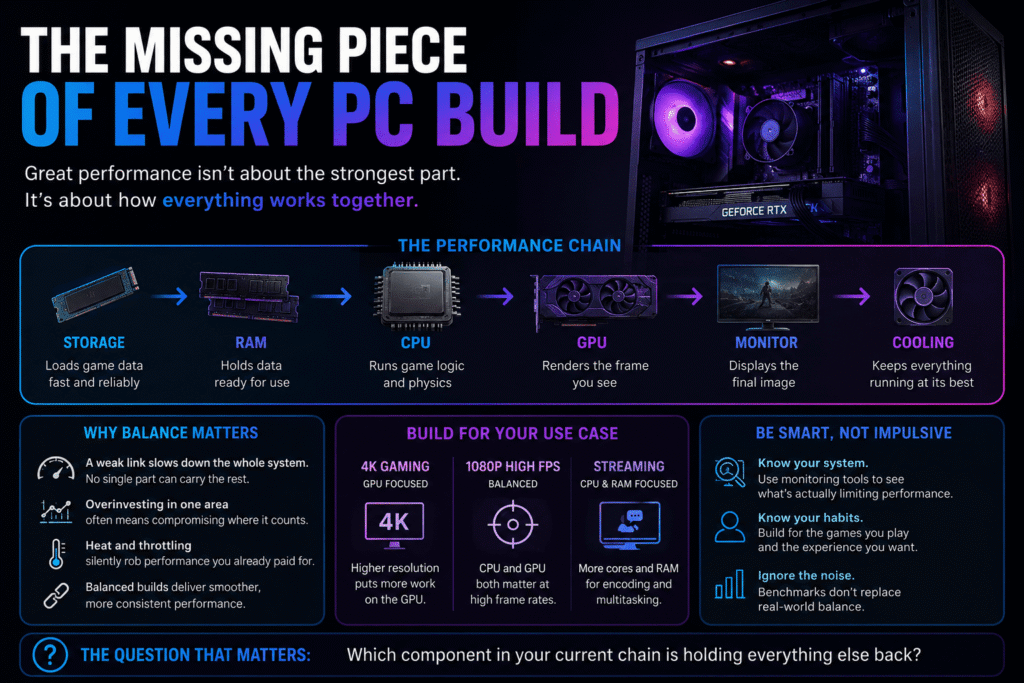 Gaming PC infographic showing the performance chain of storage, RAM, CPU, GPU, monitor, and cooling, explaining that overall performance depends on balance rather than one strong part.