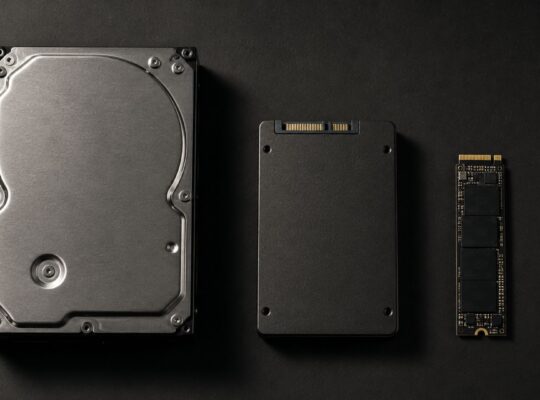 Three storage devices laid flat on a dark surface from left to right: a 3.5-inch HDD, a 2.5-inch SATA SSD, and an M.2 NVMe SSD, lit dramatically from the side for a gaming PC component comparison