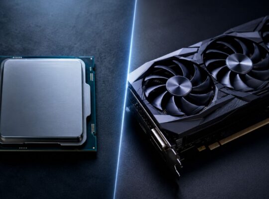 A gaming CPU on the left and a gaming GPU on the right placed side by side on a dark surface with dramatic lighting, representing the CPU vs GPU comparison for gaming performance