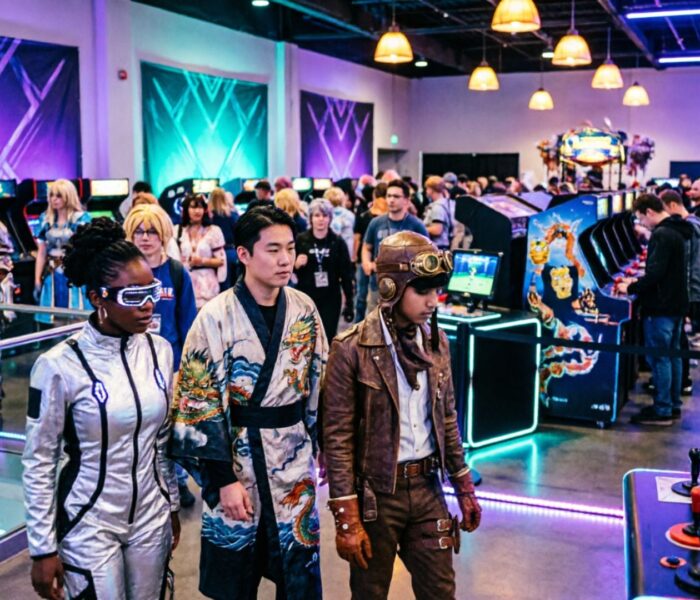 A busy gaming convention hall filled with cosplayers, indie game booths, and retro arcade machines, all illuminated by colorful neon lighting at GeekFest West 2026 in Lynnwood, Washington.