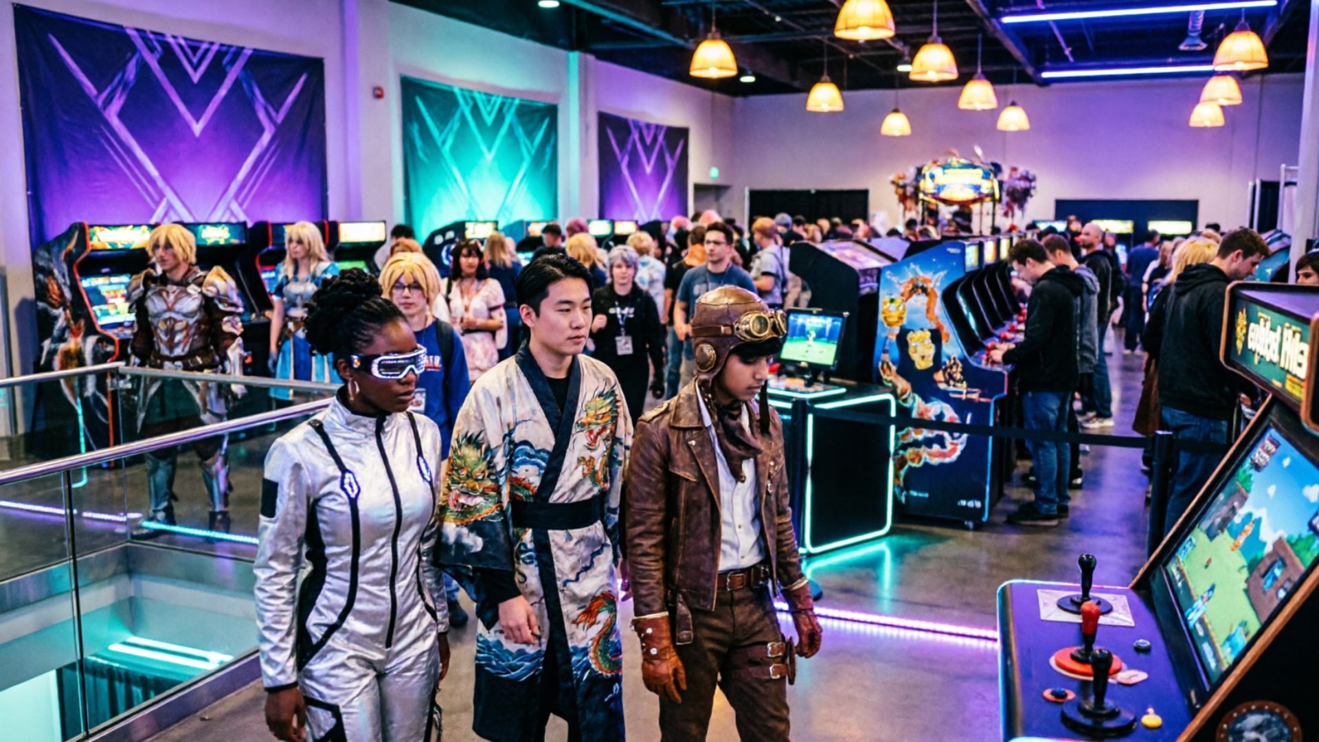 A busy gaming convention hall filled with cosplayers, indie game booths, and retro arcade machines, all illuminated by colorful neon lighting at GeekFest West 2026 in Lynnwood, Washington.