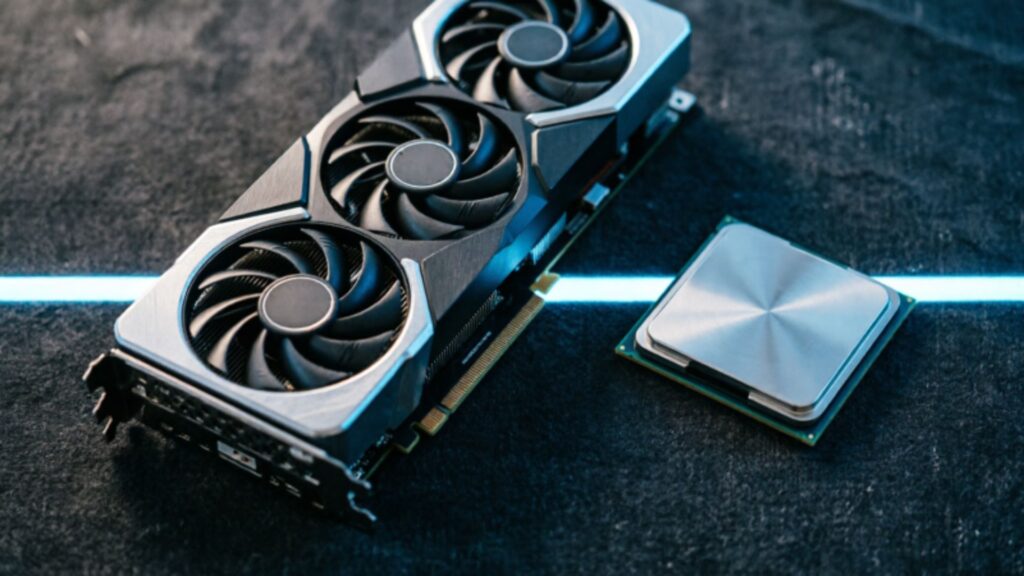 A gaming GPU and CPU laid flat side by side on a dark surface with blue-tinted directional lighting separating the two components