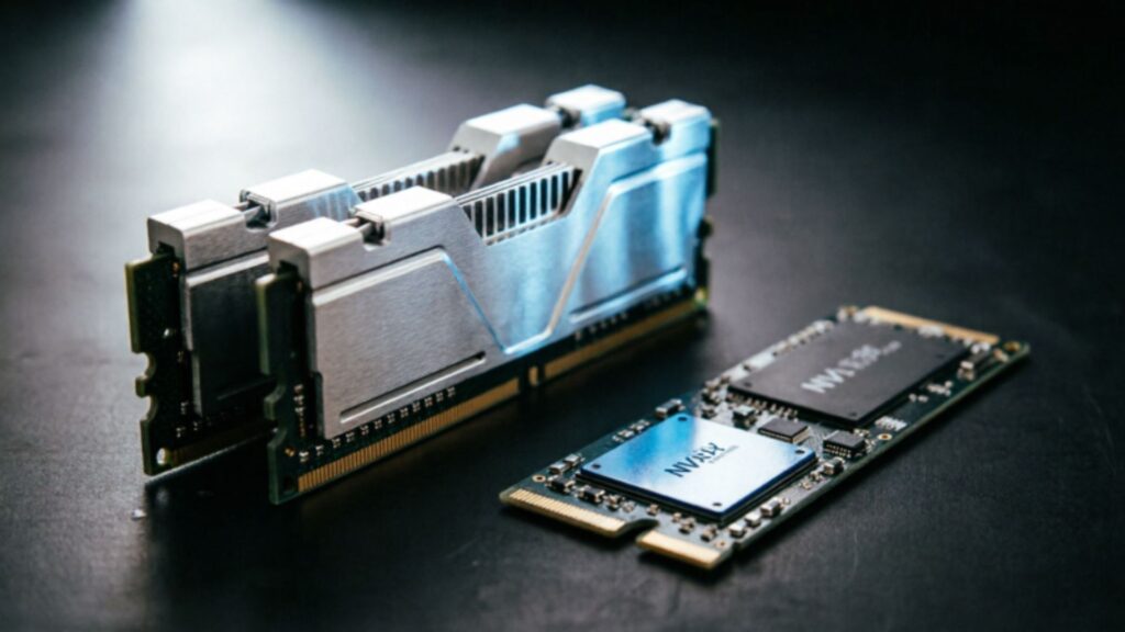 Two DDR5 RAM sticks standing upright next to an M.2 NVMe SSD on a black surface with cool white and blue side lighting