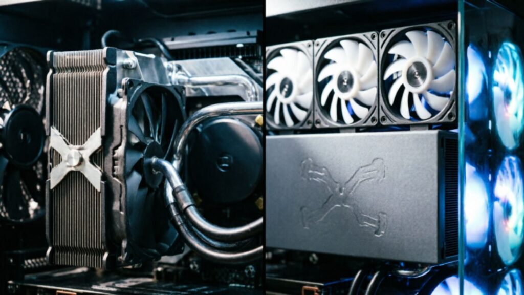 Inside a gaming PC case showing a dual-tower air cooler on the left and a 360mm AIO radiator on the right with blue RGB lighting reflecting off the glass panel