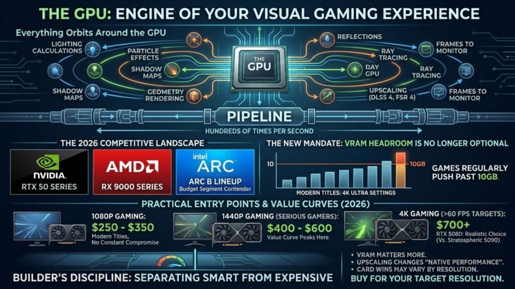 Infographic about the GPU as the engine of the visual gaming experience, showing how lighting, shadows, geometry, ray tracing, upscaling, and frames to monitor all depend on the GPU, plus 2026 GPU options and VRAM guidance.