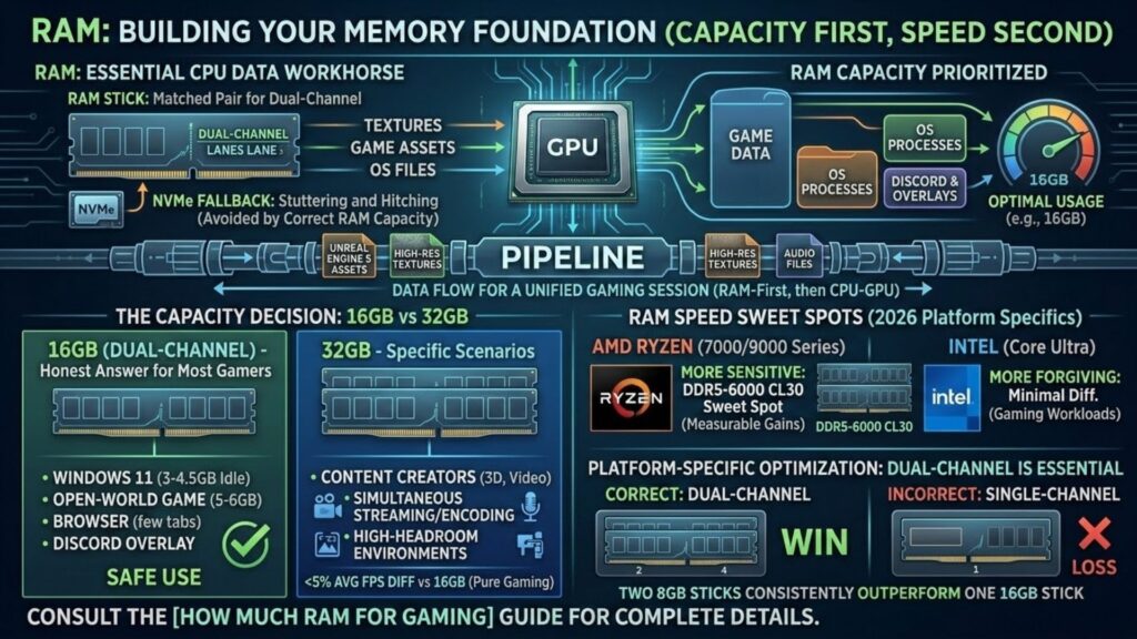 Infographic about RAM for gaming PCs, showing RAM as the memory foundation, dual-channel importance, capacity priorities, 16GB vs 32GB use cases, and platform-specific speed sweet spots for AMD Ryzen and Intel builds.
