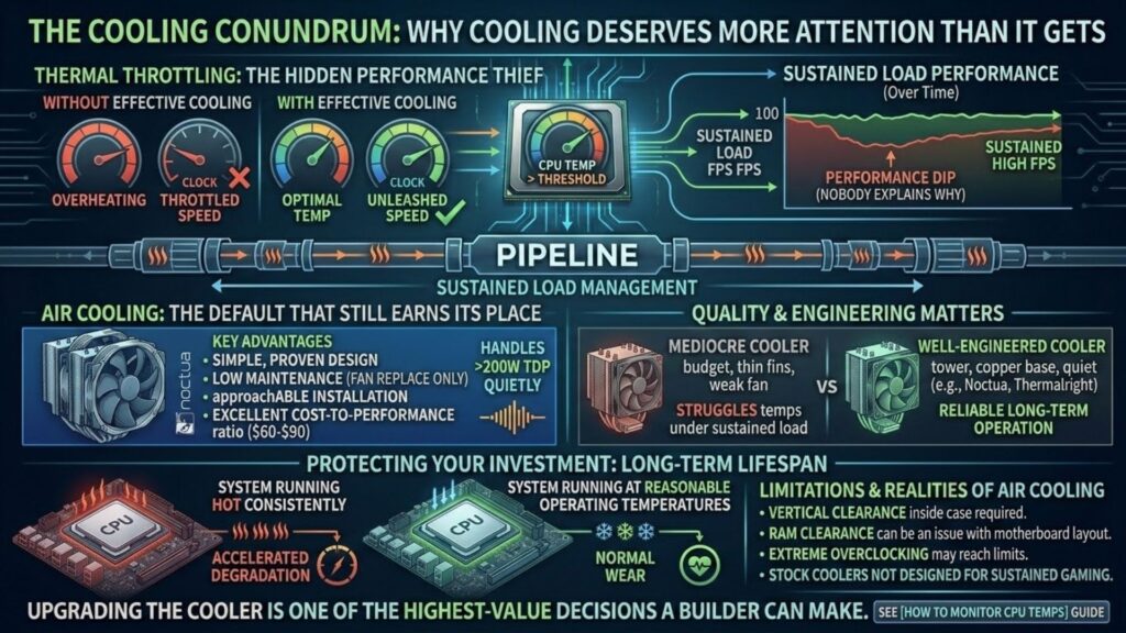 Infographic explaining the cooling conundrum in PC builds, showing thermal throttling, sustained load performance, the role of air cooling, quality differences between coolers, and long-term wear from heat.